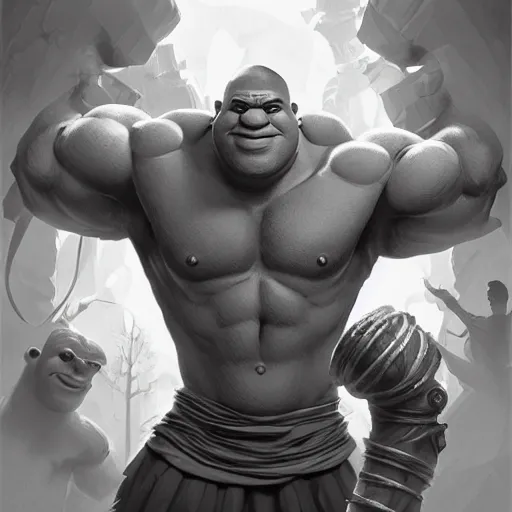 Image similar to black and white muscular shrek has beard, highly detailed, digital painting, artstation, concept art, smooth, sharp focus, illustration, art by artgerm and greg rutkowski and alphonse mucha