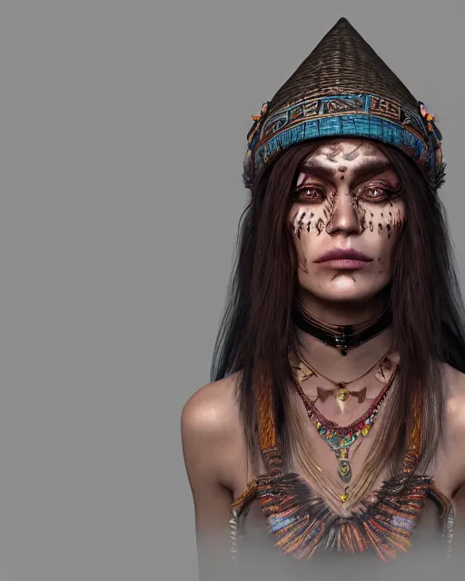 Image similar to beautiful headshot of the aztec witch of occult, realistic render, unreal engine, cgsociety, trending on deviantart, cinematic lighting, highly detailed