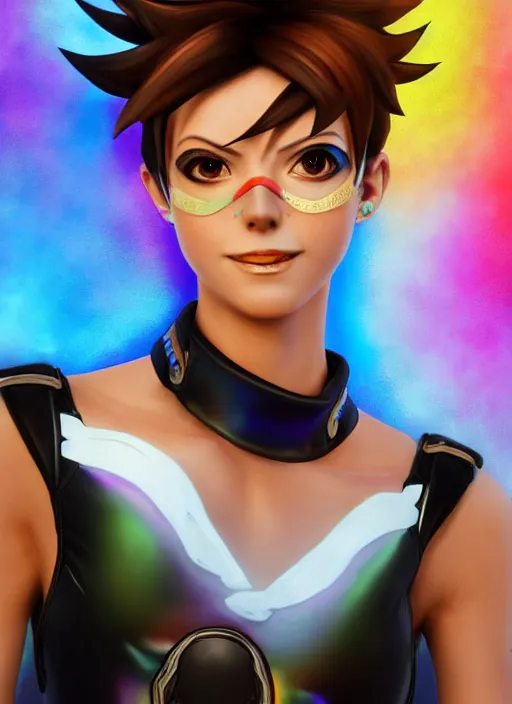 Image similar to portrait bust digital artwork of tracer overwatch, wearing black iridescent rainbow latex tank top, 4 k, expressive happy smug expression, makeup, in style of mark arian, angel wings, wearing detailed black leather collar, chains, black leather harness, detailed face and eyes,