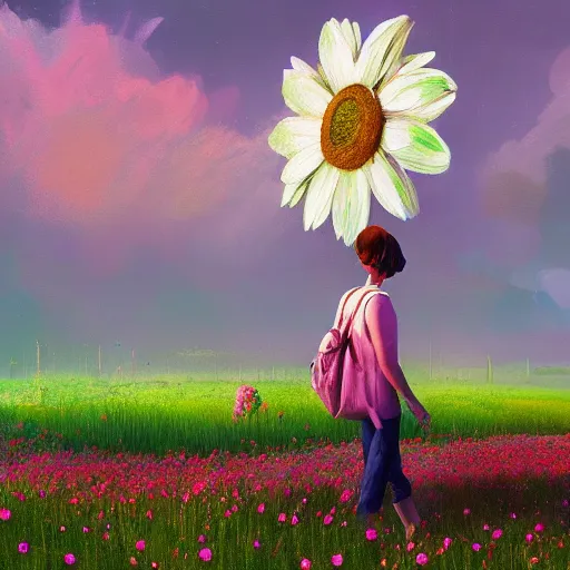 Prompt: giant daisy flower as a head, girl walking in flower field, surreal photography, night moon light, dramatic, impressionist painting, clouds, digital painting, artstation, simon stalenhag