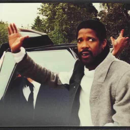 Prompt: a polaroid photo of denzel washington and ryan gosling waving