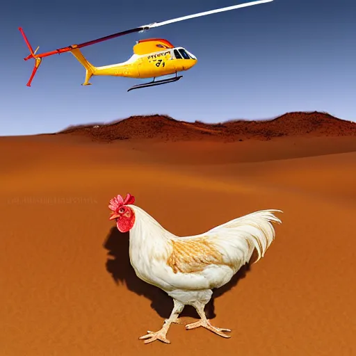 Prompt: realistic photograph of a chicken in a desert with a helicopter, high quality