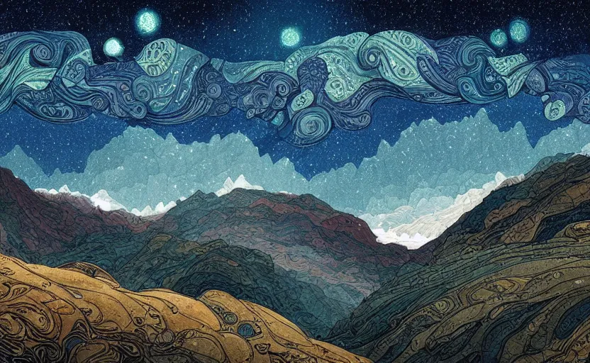 Prompt: mountains, stars and paisley filled sky, artstation, intricate, highly detailed, digital painting, concept art, sharp focus, illustration by Charles Williams and Ivan Bilibin
