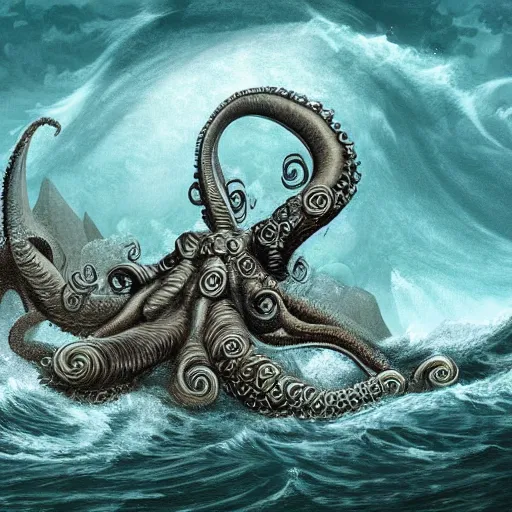 Prompt: huge sea monster, cthulhu, octopus, tentacles, towering over you, colossal giant, mythical sea creature, epic, waves, rough ocean, gigantic huge sea monster, extremely detailed, intricate digital art, 8 k