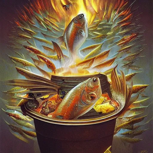 Image similar to surprised fish sitting on the top of a pile of fish, all the fish are inside a cooking pot on fire, side view, by vladimir kush, dystopian art, rococo