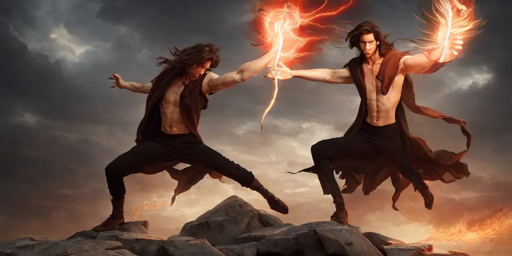 Image similar to dramatic scene of a handsome caucasian male sorcerer with brown hair, he is casting a spell that is emanating from his hands, action pose, medium shot, waist up, epic composition, post processing, concept art, by greg rutkowski