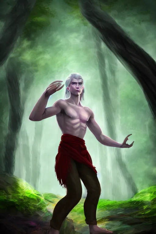 Image similar to a human elemental sorcerer, forest setting, colorful magic, male, white skin, young, sharp focus, concept art, dynamic lighting, unreal engine, by emylie boivin