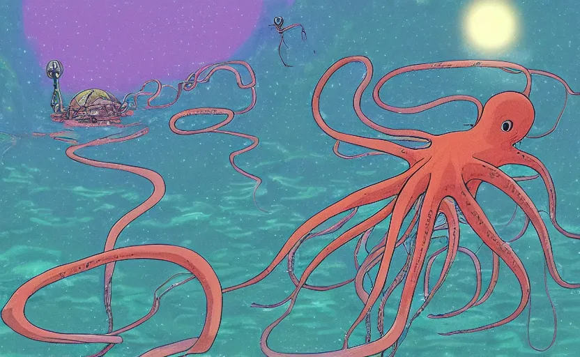 Image similar to a realistic cell - shaded studio ghibli concept art from paprika ( 2 0 0 6 ) of a flying multi - colored octopus from close encounters of the third kind ( 1 9 7 7 ) and a dimensional portal to another world above a flooded puma punku on a misty starry night. very dull colors, wide shot, hd, 4 k, hq