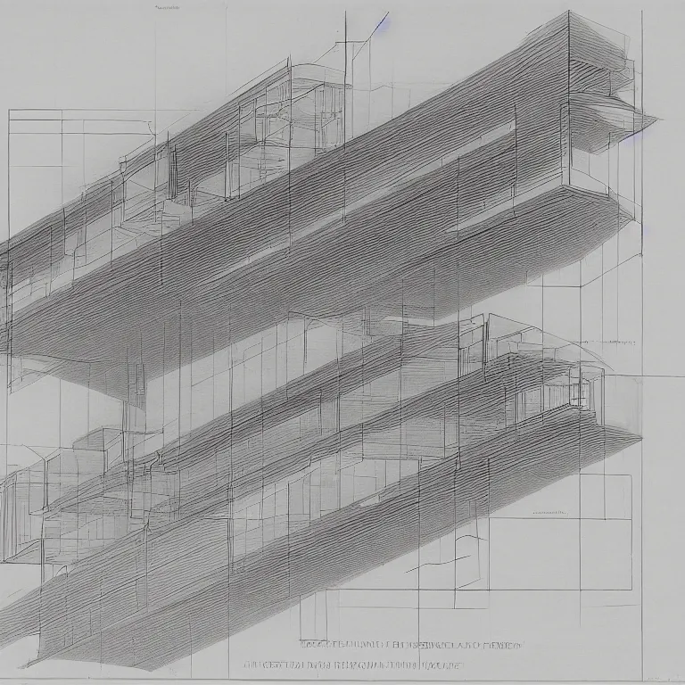 Prompt: futuristic architectural building by mies van der rohe, technical drawing