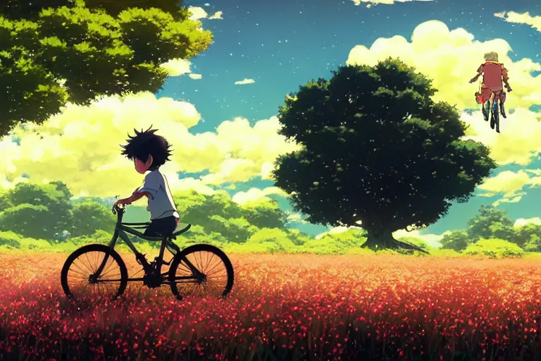 Prompt: a boy riding his bike alone through a field of flowers and a tree, high intricate details, rule of thirds, golden ratio, cinematic light, anime style, graphic novel by fiona staples and dustin nguyen, by beaststars and orange, peter elson, alan bean, studio ghibli, makoto shinkai