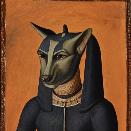 Image similar to a renaissance style portrait painting of Anubis