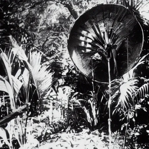 Image similar to lost film footage of a sacred ( ( ( ( ( ( indigenous ) ) ) ) ) ) artifact in the middle of the ( ( ( ( ( ( ( ( ( ( tropical jungle ) ) ) ) ) ) ) ) ) ) / ethnographic object / film still / cinematic / enhanced / 1 9 0 0 s / black and white / grain