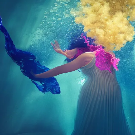 Image similar to woman dancing underwater wearing a flowing dress made of blue, magenta, and yellow seaweed, delicate coral sea bottom, swirling silver fish, swirling smoke shapes, octane render, caustics lighting from above, cinematic, hyperdetailed