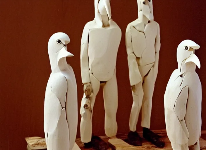 Image similar to realistic photo of a three birdmen sculptures made of white clay, in a living room sci - fi laboratory with many wooden gadgets made of wood interior is made of wood 1 9 9 0, life magazine reportage photo, natural colors