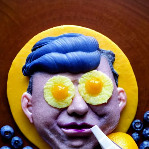 Prompt: edible donald trump made of lemon skin for hair, cake and orange pieces for the face, blueberries and whipped cream for the suit, from the beautiful'food art collection ', dslr