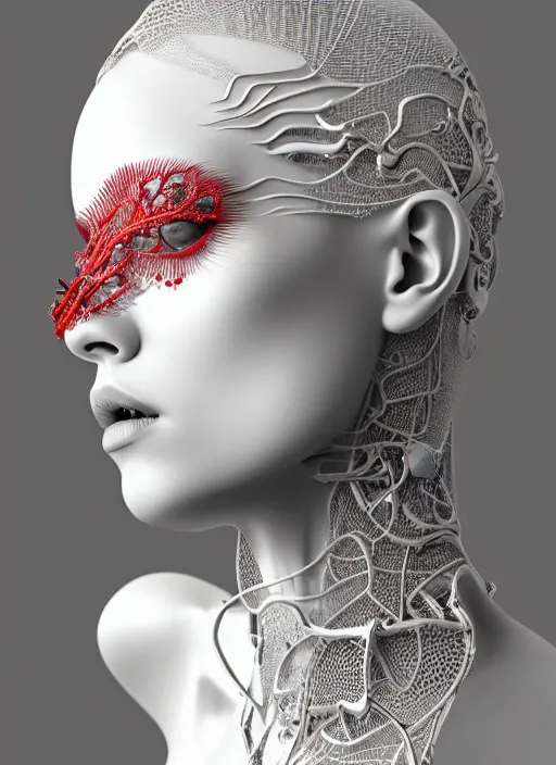 Image similar to complex 3d render ultra detailed of a beautiful porcelain profile young woman face, biomechanical cyborg, 200 mm lens, beautiful studio soft light, rim light, silver white gold red details, magnolia big leaves monochromatic and stems, roots, fine foliage lace, mesh wire, Alexander Mcqueen high fashion haute couture, art nouveau fashion embroidered, intricate details, hyper realistic, ultra detailed, mandelbrot fractal, anatomical, facial muscles, cable wires, microchip, elegant, octane render, H.R. Giger style, black eyes, plump lips, volumetric lighting, 8k post-production, trending on Artstation