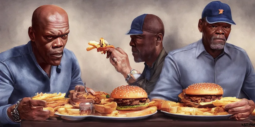 Image similar to highly detailed portrait painting of samuel l jackson eating burger in russia, perfect symmetrical eyes, by eddie mendoza and tyler edlin, 8 k resolution