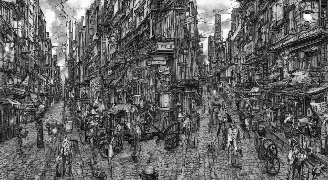 Prompt: steampunk city street with no people by junji ito, trending on artstation