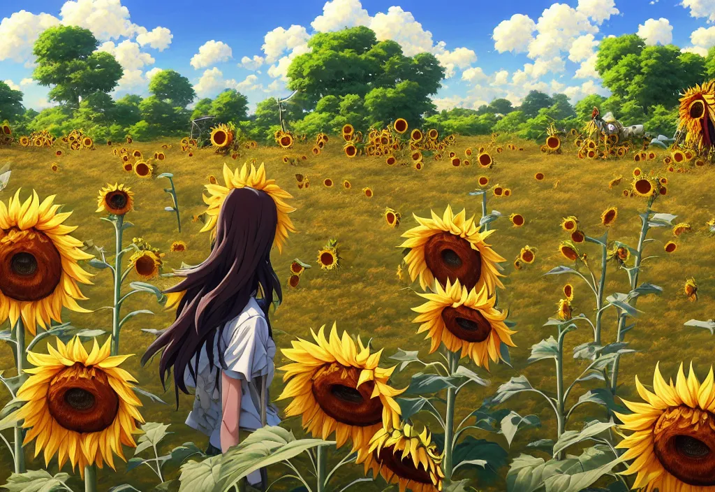 Prompt: giant animal bones in the countryside with sunflowers in the background, intricate oil painting, high detail illustration, sharp high detail, manga and anime 1 9 9 9, official fanart behance hd artstation by jesper ejsing and makoto shinkai, 4 k,