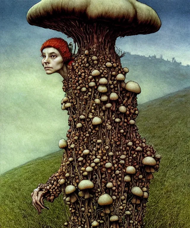 Image similar to A detailed funguswoman stands among the mushroom hills. Wearing a ripped mantle, robe. Perfect faces, extremely high details, realistic, fantasy art, solo, masterpiece, art by Zdzisław Beksiński, Arthur Rackham, Dariusz Zawadzki