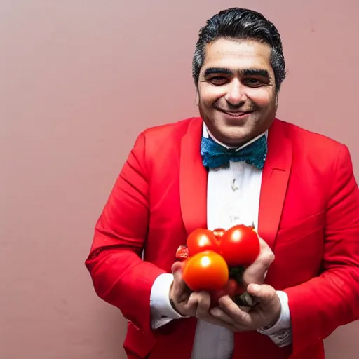 Image similar to luis piedrahita wearing a red suit while holding a tomato, photograph