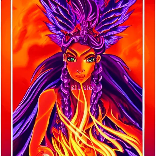 Image similar to Beautiful portrait of a glowing purple & red phoenix goddess, with flames and smoke in her hair, surrounded by orange flames, Major arcana card tarot card, extremely high detail, intricate details, 8k octane rendered, litmus reflective dramatic lighting anime vibes