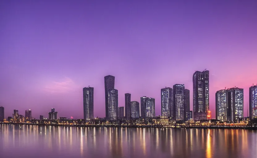 Prompt: a photo of wuhan, river, sunset, purple sky, cinematic, 8 k, highly - detailed