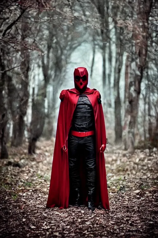 Image similar to red hood cosplay, creepy, disturbing, bloody, darkness, grainy