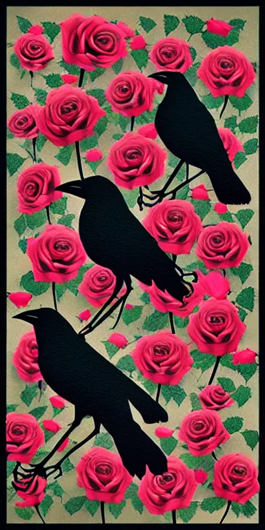 Image similar to crows made out of roses, rose crows, flower crows, crows made of flowers, muted tones, album artwork, expressionist, serene,