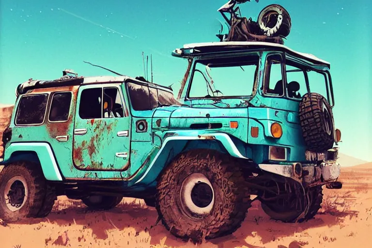 Image similar to digital illustration of a faded cyan mad max's fj 4 0 decrepit!!!! pursuit special, rusty!!! nissan fj cruiser heavily modded 1 9 9 0 s, the last v 8 interceptor by makoto shinkai, ilya kuvshinov, lois van baarle, rossdraws, basquiat