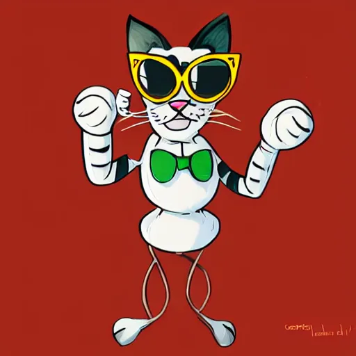 Prompt: Cat with sunglasses, Cuphead’s art style, highly detailed, artstation, concept art, smooth, sharp focus, illustration