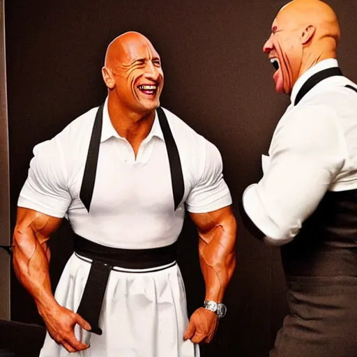 Prompt: Dwayne Johnson in a maid outfit laughing