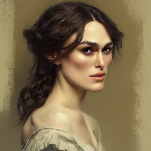 Image similar to Portrait of Keira Knightley in victorian london, elegant, digital painting, highly detailed, fantasy, artstation, concept art, smooth, sharp focus, illustration, art by artgerm and greg rutkowski and alphonse mucha