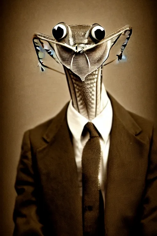 Image similar to anthropomorphic praying mantis, wearing a suit, vintage photograph, sepia