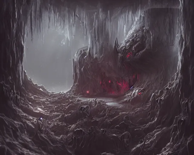 Image similar to a horrifying terrifying mysterious ominous creepy scary dark cave built out of flesh and monsters, sci - fi, fantasy, abstract art, surrealism, horror, body horror, lovecraftian, retrofuturism, traditional art, 4 k, hd, concept art, digital art, trending on artstation