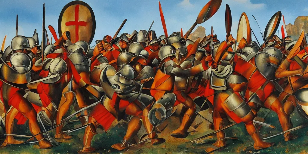 Image similar to italian futurism style painting of greek hoplites at war