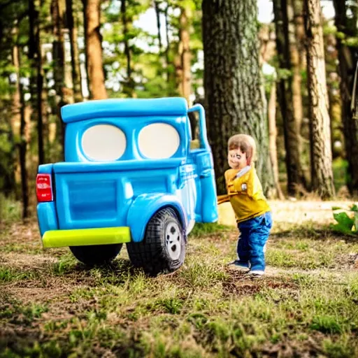 Prompt: toddler putting a sticker on a truck in the woods