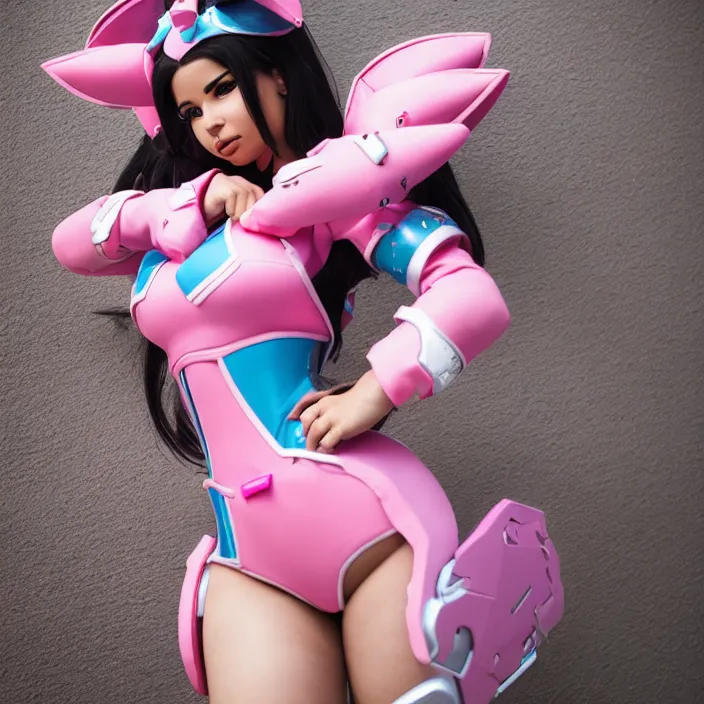 Image similar to portrait of demi rose cosplaying d. va from video game overwatch, by charlotte grimm, natural light, detailed face, canon eos c 3 0 0, ƒ 1. 8, 3 5 mm, 8 k, medium - format print