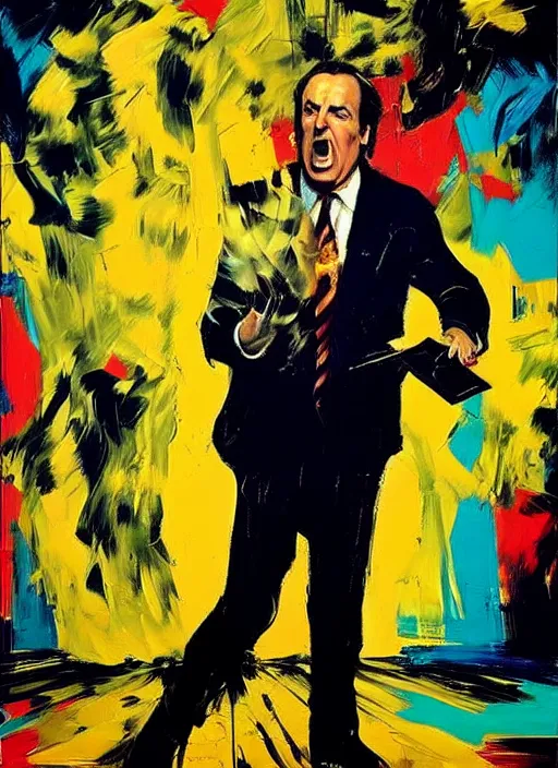 Image similar to saul goodman in colorful suit, screaming, painting by phil hale, fransico goya, david lynch,'action lines '!!!, graphic style, visible brushstrokes, motion blur, blurry