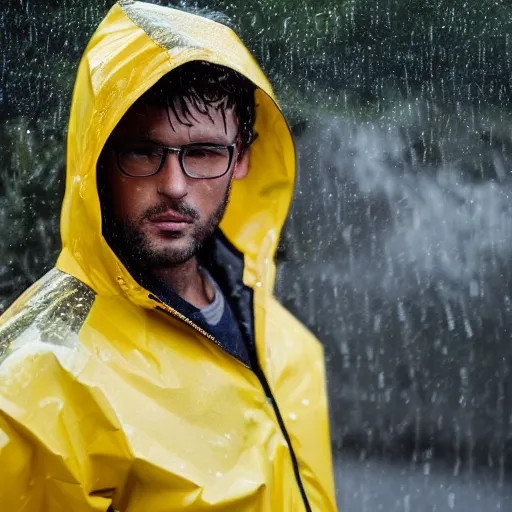 Image similar to award winning photograph of a man with a yellow jacket in the rain, extreme details, sharp focus