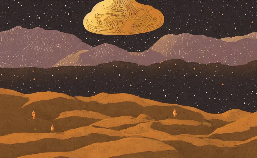 Prompt: mountains, stars and paisley filled sky, artstation, intricate, highly detailed, digital painting, concept art, sharp focus, illustration by Piero della Francesca and Tom Whalen