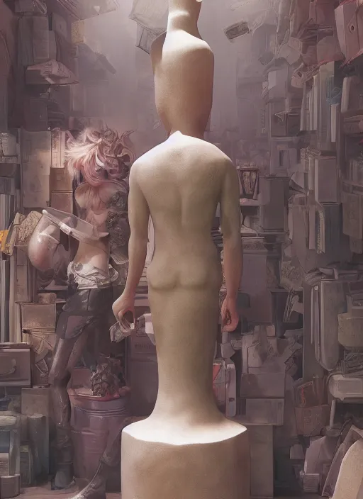 Image similar to a sculpture of a man standing next to a tall vase, a raytraced image by Hikari Shimoda, polycount, video art, vray tracing, ray tracing, rendered in unreal engine