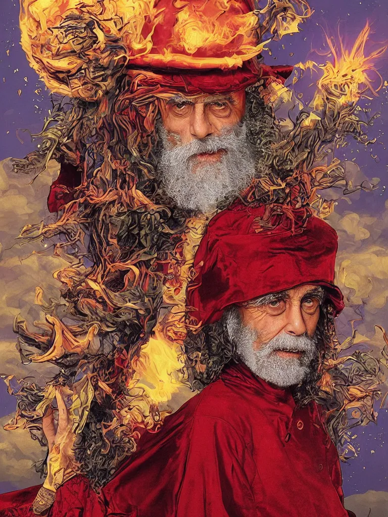 Image similar to Medium shot of a typical character in the style of YES! Roundabout starts playing as a blazing hot comet hits earth, Realistic, HDR, HDD, Real Event, Caught by James Webb Telescope 420 High Times Magazine King Tommy Chong wears a doublet whilst wearing a red velvet cape and OG Kush Indica cannabis helmet alexandre benois edward julius detmold jehan choo jeff simpson raphael lacoste guillem h. pongiluppi grisaille