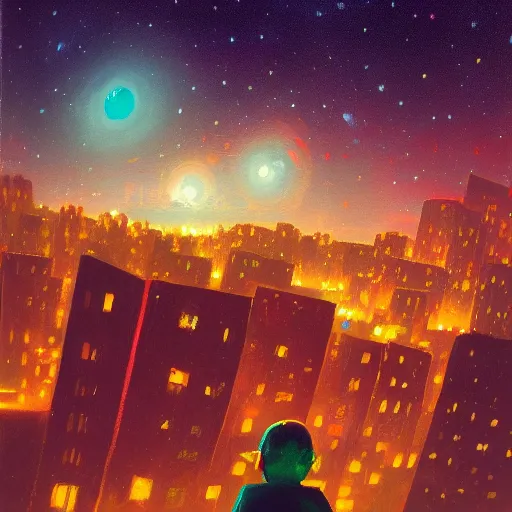 Image similar to a kid in a big city, on a rooftop, watches a beautiful night full of stars and tech buildings, from a by paul lehr