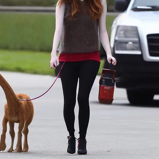 Image similar to paparazzi photo of Anna Kendrick walking her pet velociraptor