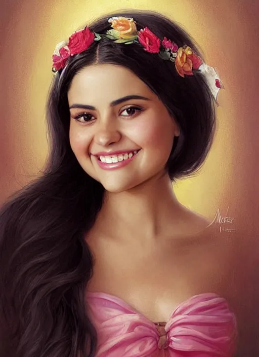 Prompt: beautiful thirty year old woman with long black hair, tan skin, curvy hourglass figure, round cute face, slight resemblance to selena gomez and jenna coleman wearing a colorful frilly disney princess dress and mickey mouse ears. she has a friendly smile. beautiful painting by artgerm and greg rutkowski lois van baarle and bouguereau