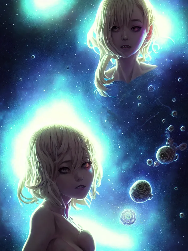 Prompt: azathoth girl talking to you, dress made out milky way, full body, occlusion shadow, specular reflection, rim light, unreal engine, artgerm, artstation, art by hiroaki samura and ilya kuvshinov and ossdraws, intricate, highly detailed 8 k, cosmic horror illustration, extremely beautiful shape of face and body