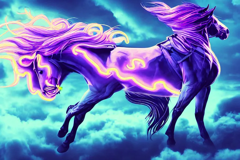 Image similar to a stunning horse with bioluminescent mane and tail running in the clouds by sandra chevrier and greg rutkowski, neon hooves, purple blue color scheme, vaporware, retro, outrun, high key lighting, volumetric light, digital art, highly detailed, fine detail, intricate, ornate, complex, octane render, unreal engine, photorealistic