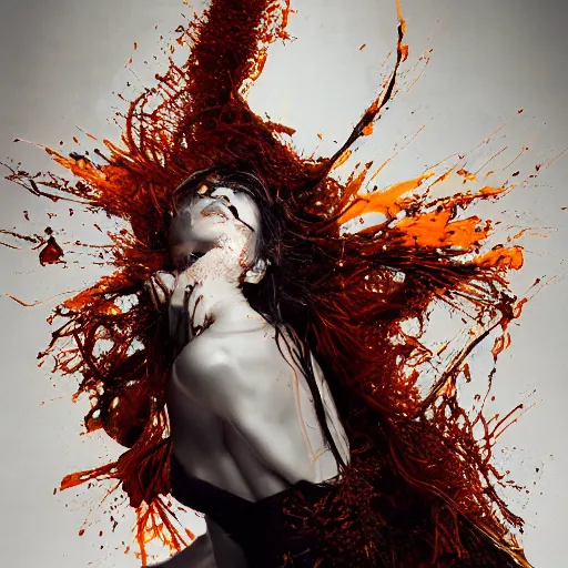 Prompt: passionate saffron by zhang jingna, by russ mills. drip installation art that is both chaotic & beautiful. a multitude of colors & shapes in a constant state of motion. the viewer's eye is drawn to the center of the installation art, where a large, swirling mass of color & light dominates the composition. energy & movement.