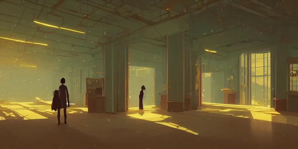 Image similar to arcade interior, lights, by cory loftis, makoto shinkai, hasui kawase, james gilleard, beautiful, serene, peaceful, lonely, golden curve composition